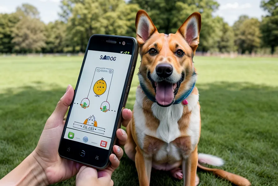 Nahaufnahme eines Smartphones mit einem Online-Kurs-Video zum Leinentraining, im unscharfen Hintergrund ein Hund