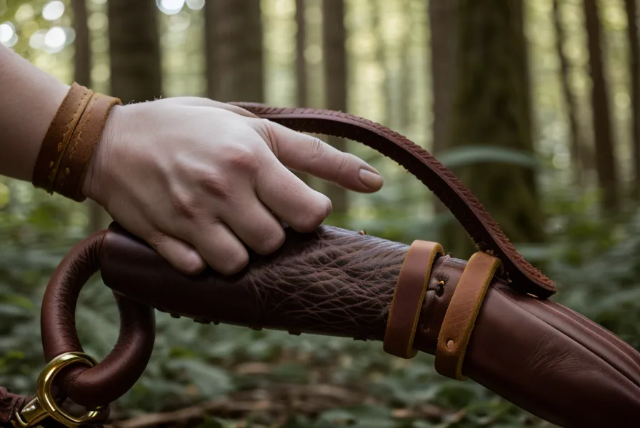 Eine locker hängende Hundeleine in der Hand eines entspannten Halters auf einem Waldweg – gelöste Leinenführigkeit bei großen Hunden