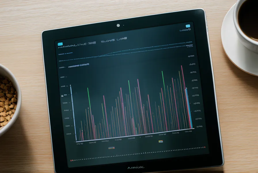Tablet zeigt eine Grafik mit sinkenden Zug-Ereignissen beim Hundetraining neben Leckerlis.