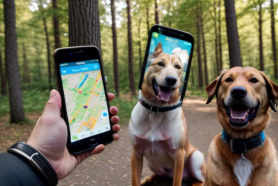 Nahaufnahme eines Smartphones mit einer Tracking-App für Hundespaziergänge in einem herbstlichen Park.