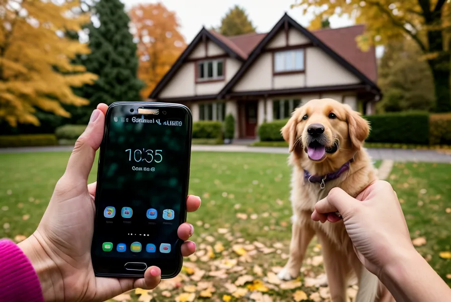Leinenkurs Vergleich auf dem Smartphone: Videolektion zur Leinenführigkeit vor herbstlicher Straße