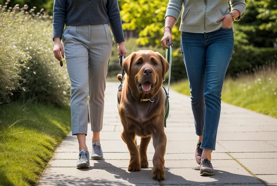Hund läuft leinenführig an lockerer Leine entlang eines Wegs nach dem Kursvergleich