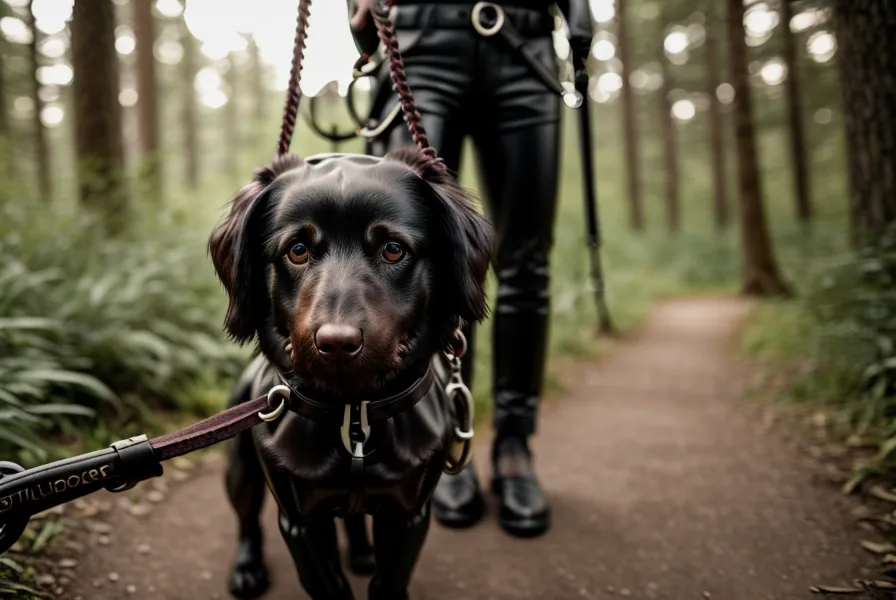 Nahaufnahme einer gespannten Hundeleine auf einem Waldweg mit einem Labrador-Mischling im Hintergrund.