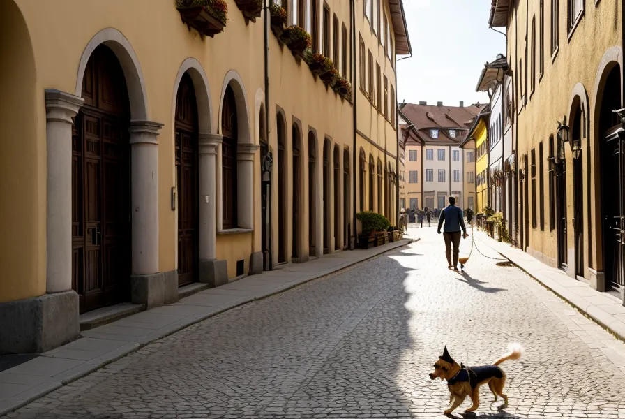 Ein entspannter Halter geht mit seinem Hund an locker hängender Leine in einer Münchner Vorstadt spazieren.