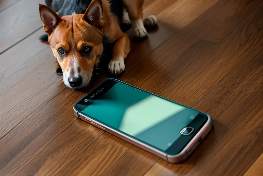 Ein Smartphone zeigt ein Online-Hundetraining-Video auf einem Holzboden neben einer Hundepfote.