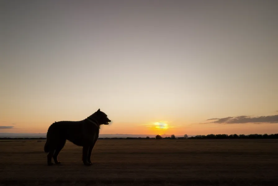 Silhouette eines entspannt gehenden Hundes an lockerer Leine in der Münchner Schotterebene bei Sonnenuntergang.
