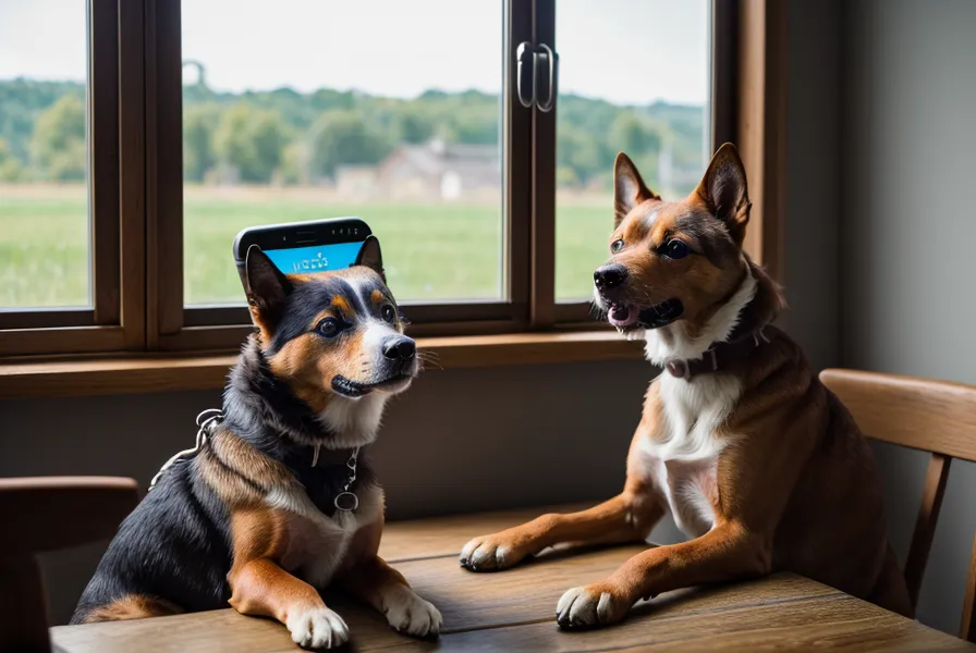 Smartphone mit Leinentraining-App zur Protokollierung von Zugereignissen neben einer Hundeleine