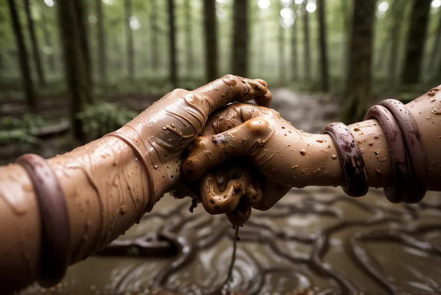 Nahaufnahme einer nassen Biothane-Leine an einem nebligen Morgen im Wald.