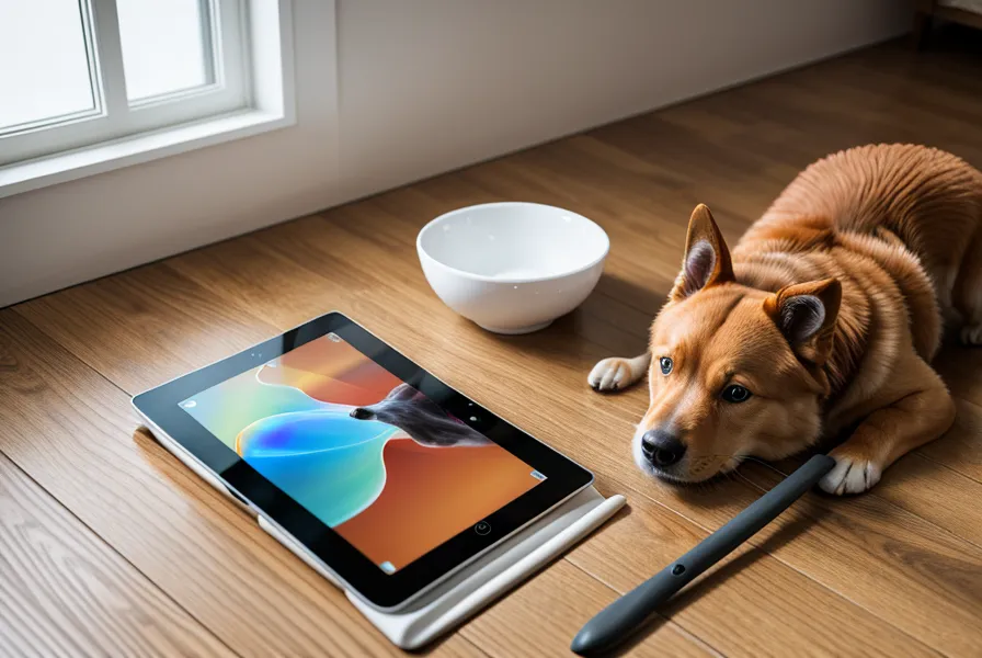 Tablet mit Online-Hundekurs und Trainingszubehör auf einem Tisch.