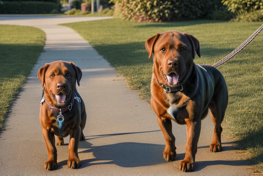 Hund läuft an lockerer Leine und schaut aufmerksam zu seinem Besitzer hoch.