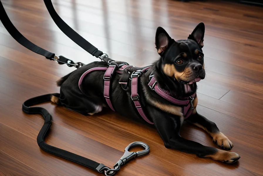 Modernes Hundegeschirr und Tablet mit Online-Leinenkurs für strukturiertes Training.