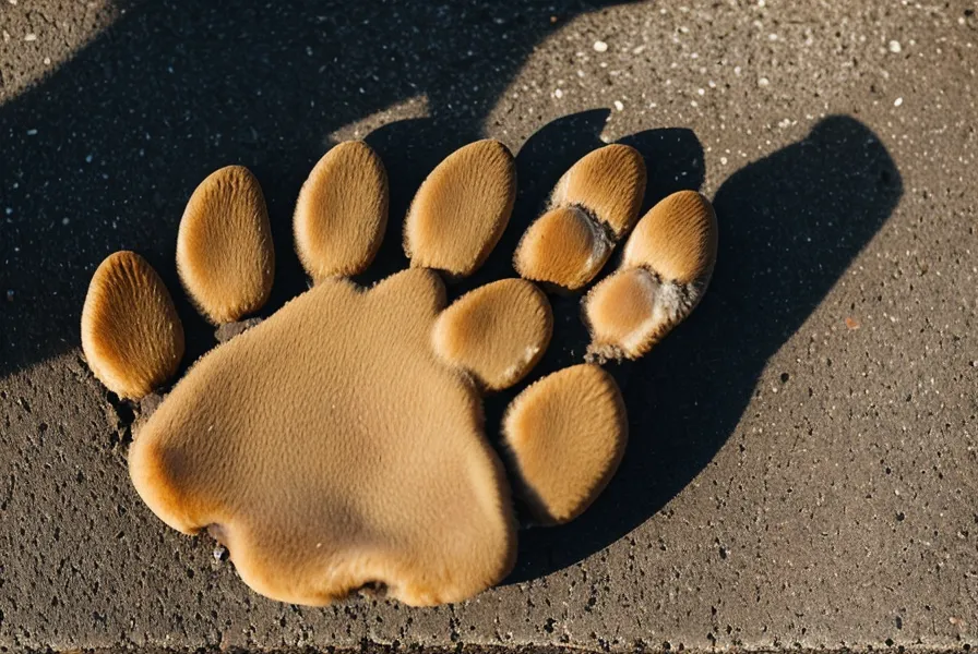 Nahaufnahme einer Hundepfote auf Asphalt mit lockerer Leine im Hintergrund.