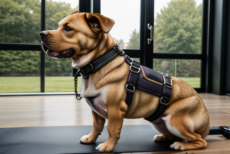 Ein modernes Hundegeschirr neben einem Tablet, auf dem ein Online-Hundekurs läuft.