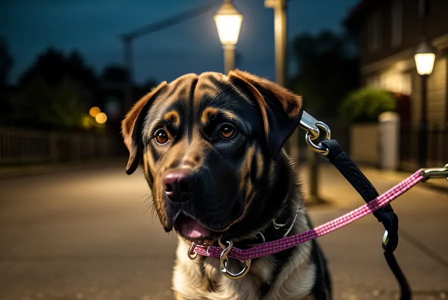 Nahaufnahme einer gespannten Hundeleine während eines Spaziergangs in einer Vorstadtstraße.