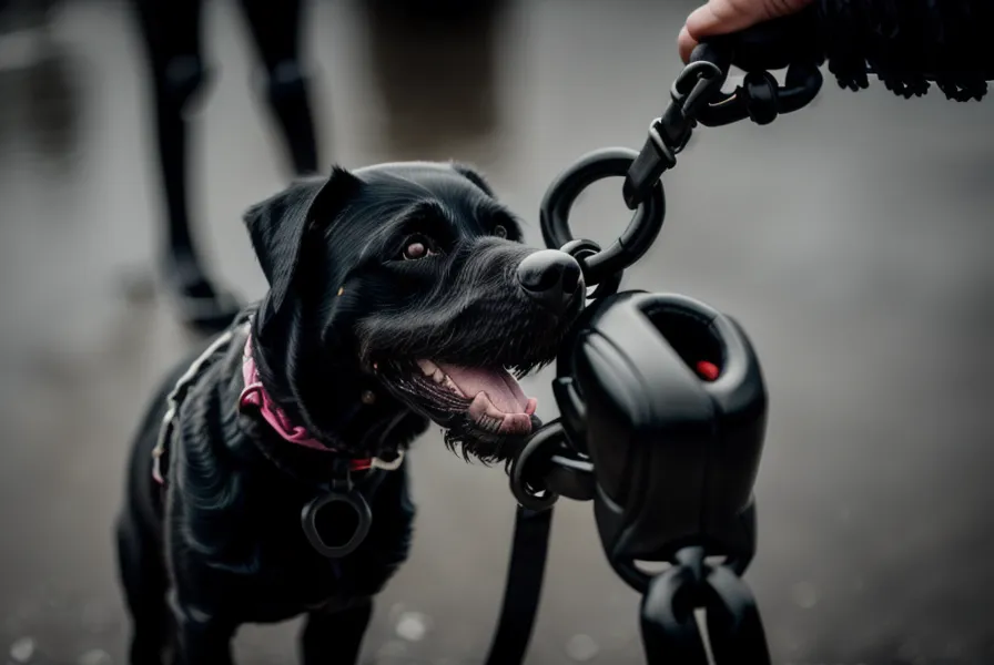 Hand hält beim Leinentraining draußen im Regen fest die Hundeleine eines ziehenden Labrador-Mix