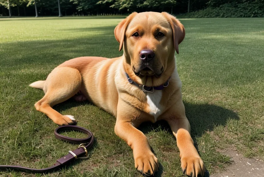 Entspannter Labrador-Mischling an lockerer Leine im Forstenrieder Park nach erfolgreichem Leinentraining