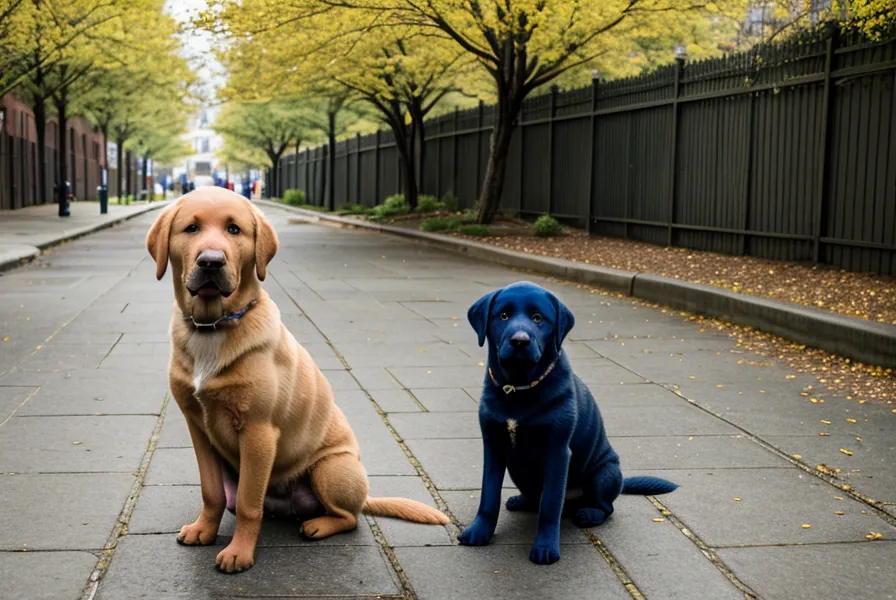 Labrador-Mischling sitzt entspannt an lockerer Leine neben seinem Halter in der Stadt