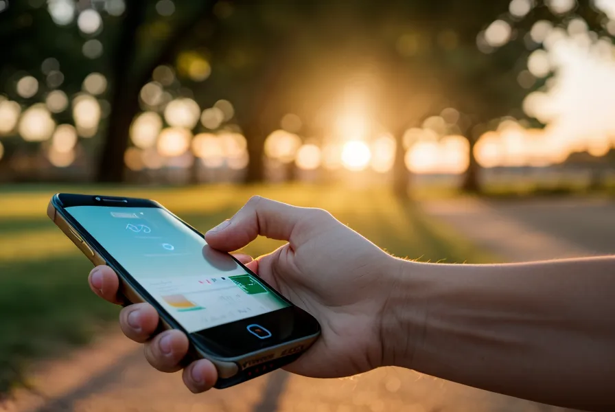 Person gibt Trainingsdaten in eine App ein während sie ihren Hund im Hintergrund führt